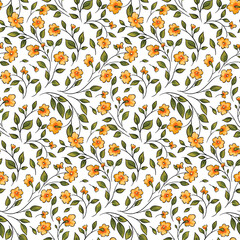 Romantic floral print, seamless pattern with small yellow flowers, fresh leaves, tiny twigs scattered on a white background. Liberty botanical background with painted plants. Vector illustration.