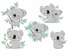 Beautiful Cute childish print Set with koala. Sketch Hand Drawn Animal Vector illustration.
