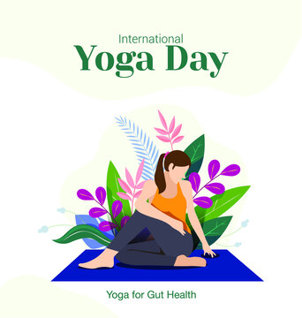 International Yoga day vector illustration. women doing  Meditation Practice Yoga Colorful Fitness Concept. women doing Yoga for Gut health. 