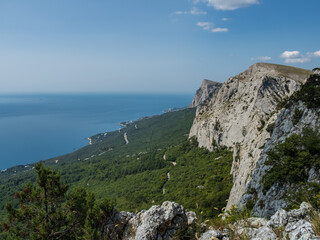 Fototapeta premium View from the mountain to the dense forest, valley, sea. Mountain landscape. Beautiful green forest. In the middle of the forest you can see a winding road. The concept of travel and hiking
