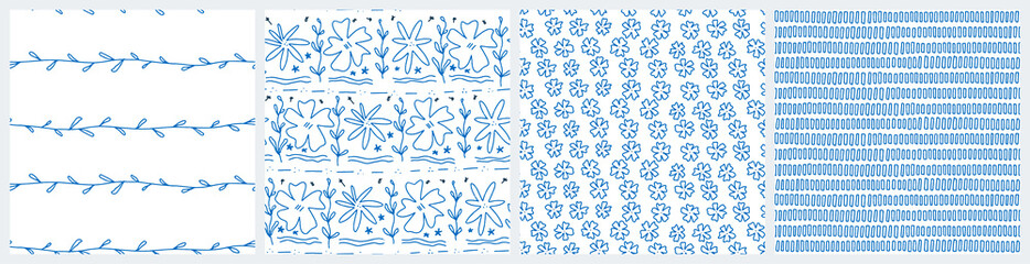 Blue and white country style seamless pattern with primitive doodle flowers, leaves and abstract tiles for farmhouse kitchen or bedding textile. 