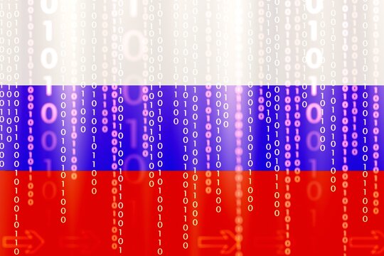 Russian flag and programming code. Anonymous hackers concept