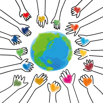SDGsイメージの手描きの手と地球のアイコン（北半球）
