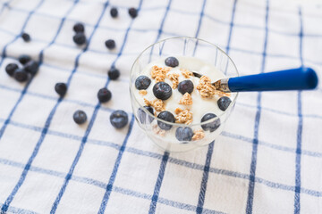 yogurt with cereal and blueberries