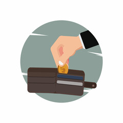 Hand grabbing coin in purse or wallet vector illustration