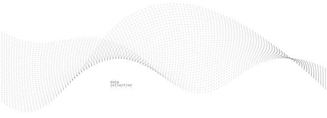 Grey dots in motion vector abstract background, particles array wavy flow, curve lines of points in movement, technology and science illustration.