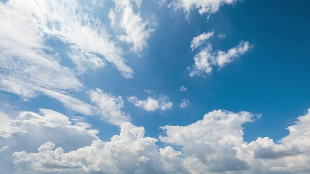 White clouds move fast on the blue sky. 4K sky cloud time lapse.