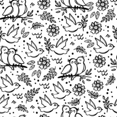 COLORING WITH BIRDS Cute Monochrome Nightingales Sitting On Branch Among Flowers Cartoon Abstract Natural Hand Drawn Seamless Pattern Vector Illustration For Print