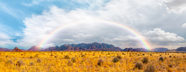Beautiful grassland landscape with Brandberg mountain amazing rainbow in the background - Namibia, Africa