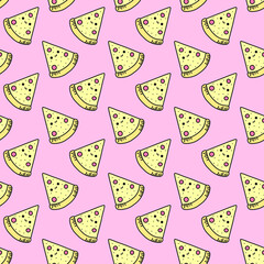 Cute pizza vector seamless pattern with pink background
