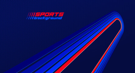 Sports activities games and racing vector linear background in 3D perspective rotation, dark red and blue dynamic layout with lines like a road or race.