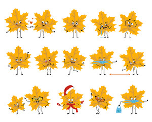 Maple leaf character with happy or sad emotions, panic, loving or brave face, hands and legs. Cheerful forest plant in autumn yellow colour person with mask, glasses or hat. Vector flat illustration