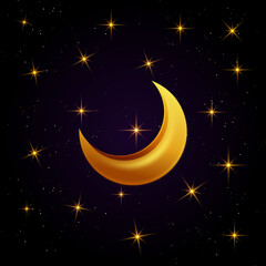 Obraz na płótnie Canvas Starry sky, golden moonth, crescent, moon and stars, illustration of a moon, good night, night sky, islam, eid, ramadan, glow, shining stars