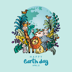 Happy earth day with animals and plants. April 22.
