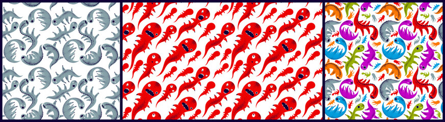 Scary horror monsters seamless vector textile pattern set, beasts creatures endless wallpaper, stylish background for Halloween theme, funny picture collection.
