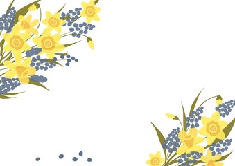 picture of daffodils and blue flowers on a white background