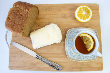 Breakfast on wooden background on white background