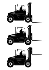 Silhouette of a heavy forklift truck. Side view with driver. Vector.