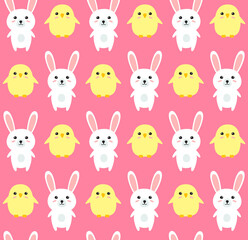 Vector seamless pattern of flat cartoon Easter bunny rabbit and chick isolated on pink background