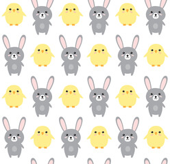 Vector seamless pattern of flat cartoon Easter bunny rabbit and chick isolated on white background