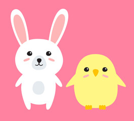 Obraz na płótnie Canvas Vector flat cartoon Easter bunny rabbit and chick isolated on pink background