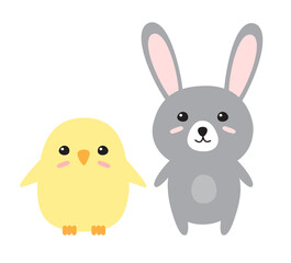 Obraz na płótnie Canvas Vector flat cartoon Easter bunny rabbit and chick isolated on white background