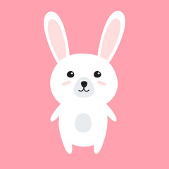 Vector flat cartoon white bunny rabbit isolated on pink background