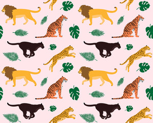 Naklejka premium Vector seamless pattern of flat hand drawn big wild cats and palm leaves isolated on pink background
