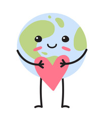 Obraz premium Vector hand drawn flat planet Earth with face and heart isolated on white background