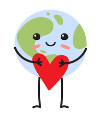 Vector hand drawn flat planet Earth with face and red heart isolated on white background