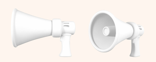 Realistic 3d megaphone. Plastic megaphone with shadow. Vector illustration