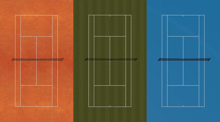 Three types of tennis court, high resolution and high details 3D rendering