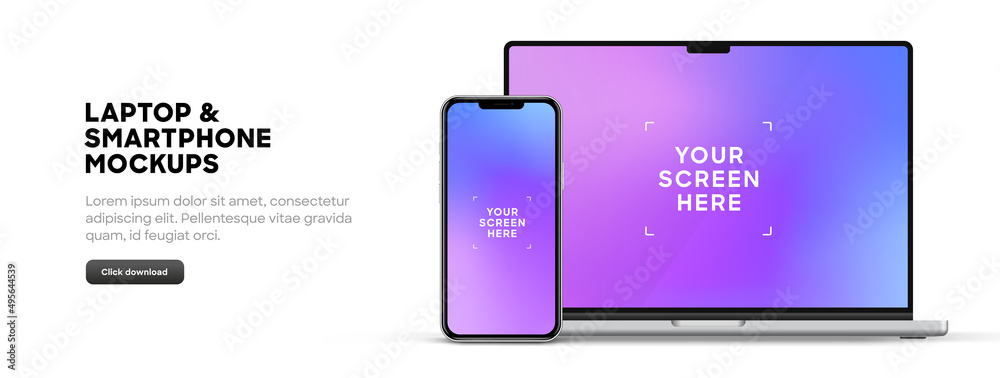 Poster Modern laptop mockup front view and smartphone mockup high quality isolated on white background. Notebook mockup and phone device mockup for ui ux app and website presentation Stock Vector.