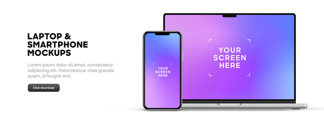 Modern laptop mockup front view and smartphone mockup high quality isolated on white background. Notebook mockup and phone device mockup for ui ux app and website presentation Stock Vector. - obrazy, fototapety, plakaty