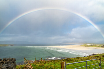 Amazing rainbow above Narin Strand by Portnoo in County Donegal Ireland