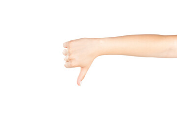 Female Hand is Making Thumbs Down on Isolated White Background