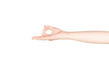 Female Hand is Hitting Something with Her Finger  on Isolated White Background