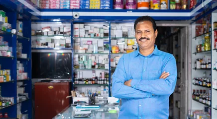Foto op Canvas Portrait shot of Happy medical shop owner standing with crossed arms by looking at camera at pharmacy - concept of successful, small business and occupation. © WESTOCK