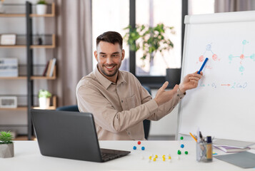 distant education, school and remote job concept - happy smiling male chemistry teacher with laptop computer having online class and showing molecular model on flip chart at home office