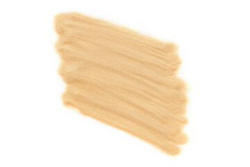 Yellow beach sand isolated on white background in studio. Dry sandy texture, flat layout.