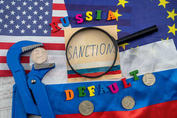 russia flag with money ruble and sanction all economic for country terorrist