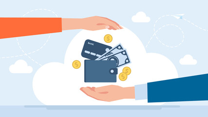 Keep under control spending. The concept of saving. Husband and wife holding credit cards, money, wallet, pennies. Family budget. Cost planning. Save money. Flat business illustration.