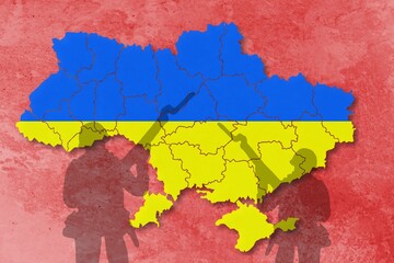 Military occupation of Ukraine by Russia concept. Flag of Ukraine painted on ukraine map. Relationship between Ukraine and Russia.