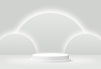 Abstract 3D rendering White pedestal cylinder podium studio with a light on the wall. Geometric shape object illustration for banner, poster, and wallpaper. Display showcase product.