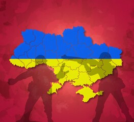 Military occupation of Ukraine by Russia concept. Flag of Ukraine painted on ukraine map. Relationship between Ukraine and Russia.