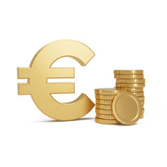 Euro money symbol next to Stack of gold coins on a isolated background. Currency exchange. - obrazy, fototapety, plakaty