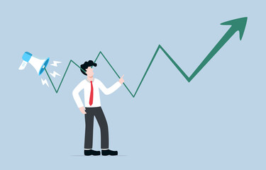 Speculating stock or manipulating stock with skyrocket of stock share from broker, greedy investor, or high net worth concept. Businessman investor hear rising up  stock graph from megaphone.