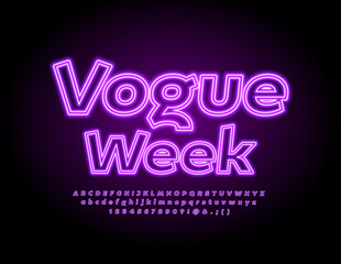 Fototapeta na wymiar Vector neon Emblem Vogue Week. Electric light Font. Glowing Alphabet Letters and Numbers set. 