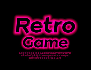 Vector neon logo Retro Game.  Artistic Font. Glowing light Alphabet Letters and Numbers set