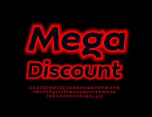 Vector promotional poster Mega Discount. Red electric Font, Neon Alphabet Letters and Numbers set
